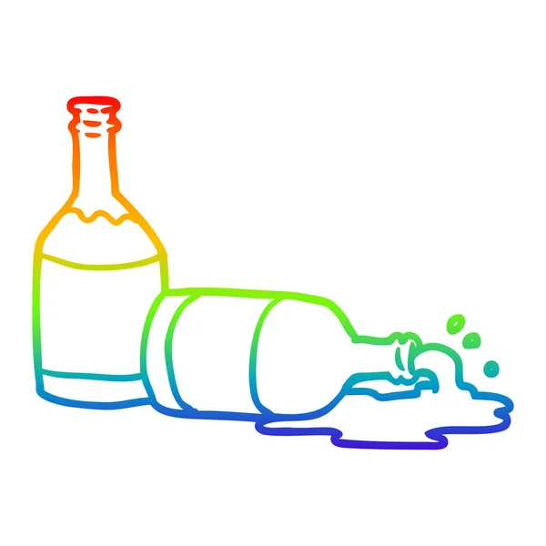 Linha gradiente arco-íris desenho garrafas de cerveja com cerveja derramada — Vetor de Stock
