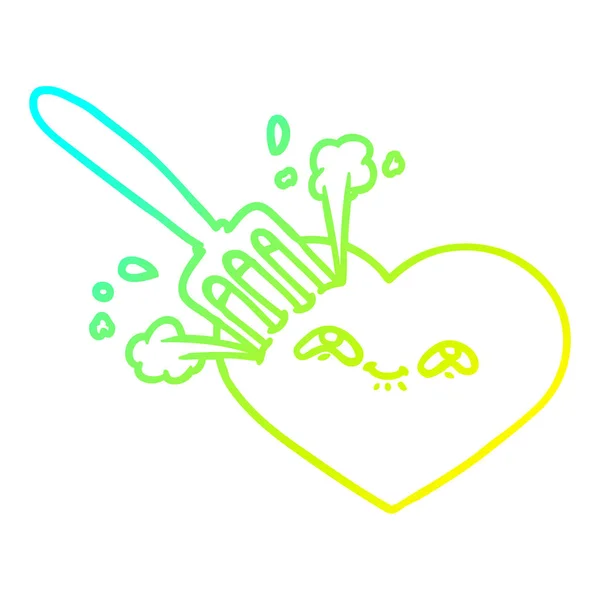 Froid dégradé ligne dessin dessin animé amour coeur coincé avec fourchette — Image vectorielle