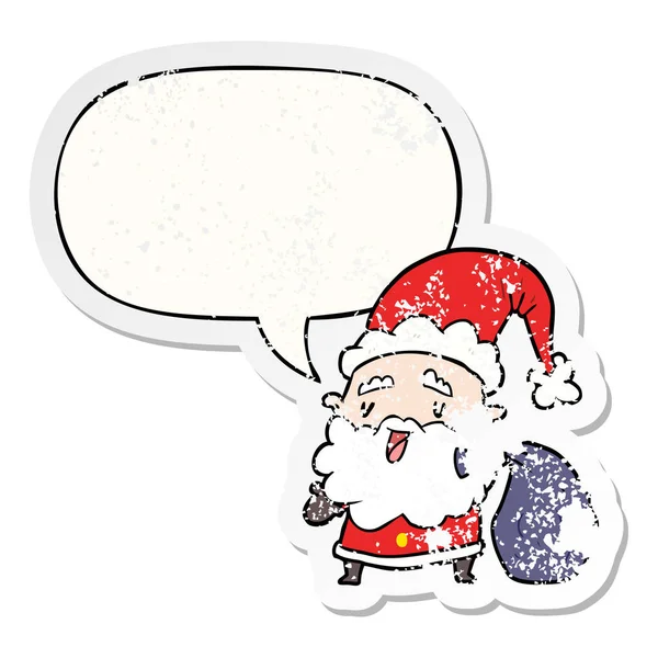 Dessin animé santa claus portant sac de cadeaux et bulle de parole — Image vectorielle