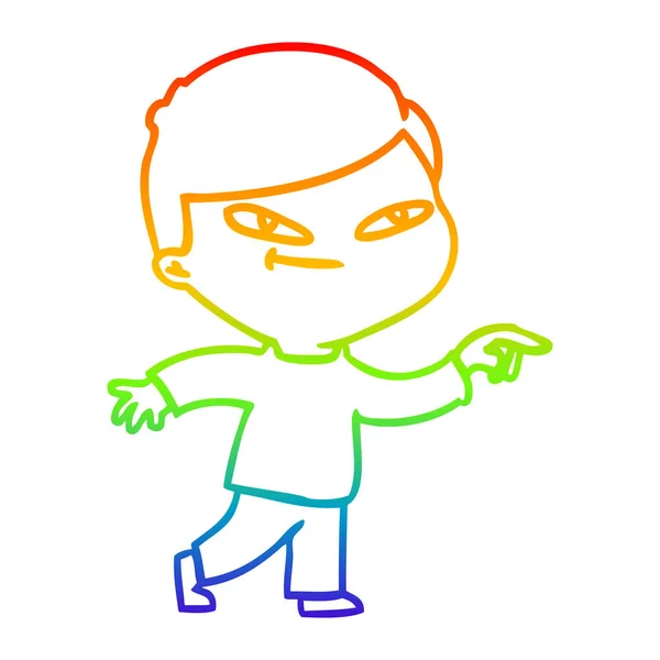 Rainbow gradient line drawing cartoon pointing man — Stock Vector