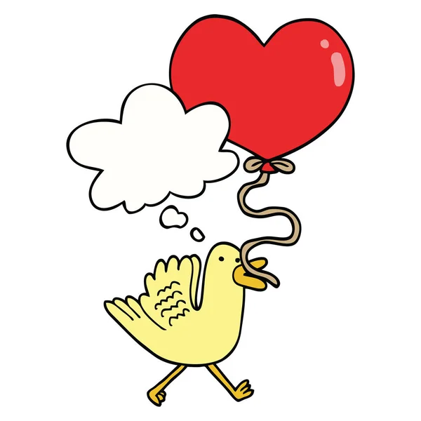 Dibujos animados pájaro con globo de corazón y burbuja de pensamiento — Vector de stock