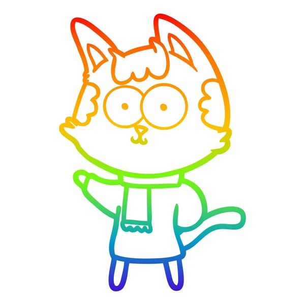 무지개 그라데이션 라인 그리기 겨울 옷에 행복 한 만화 고양이 — 스톡 벡터