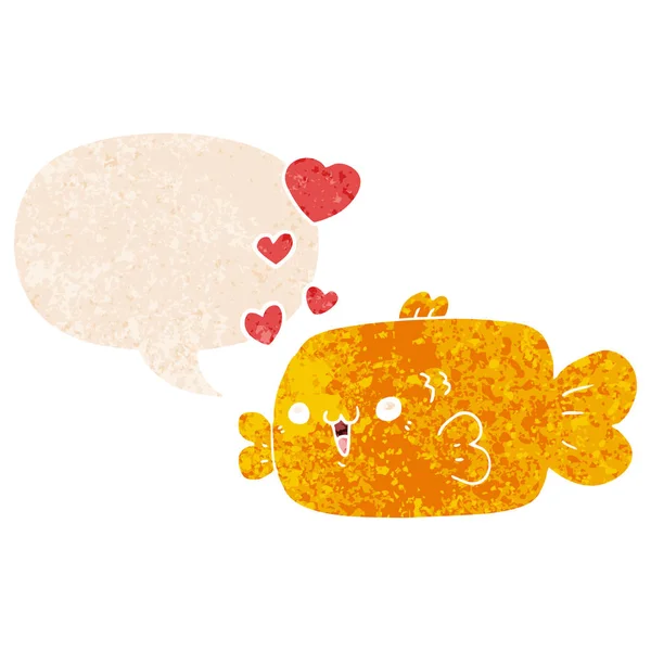 Cute Cartoon Fish z serca miłości i bańki mowy w retro te — Wektor stockowy