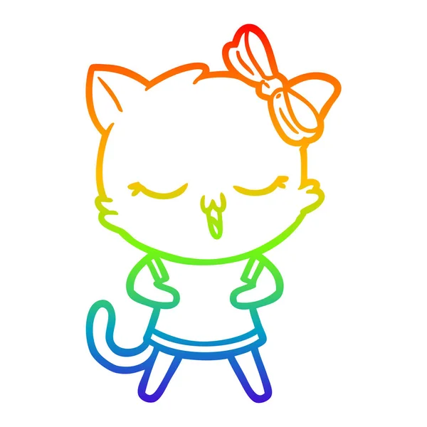 Arco iris gradiente línea dibujo dibujos animados gato con arco en la cabeza — Archivo Imágenes Vectoriales