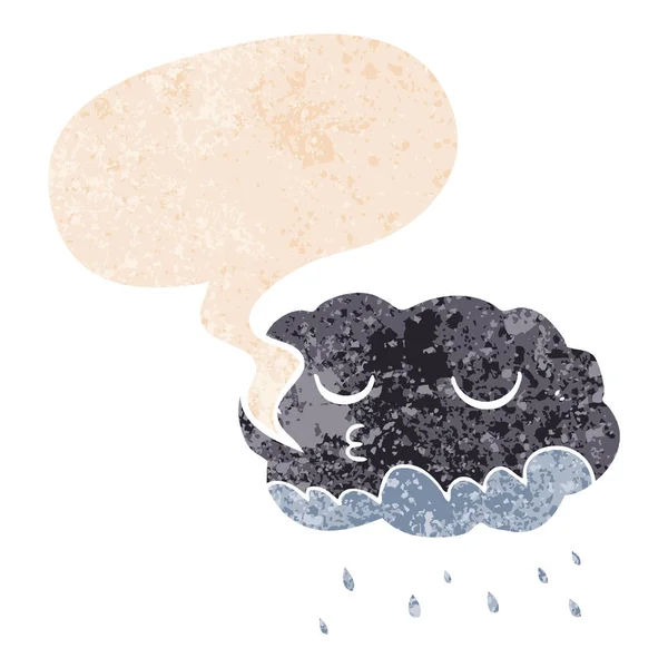 Cartoon rain cloud and speech bubble in retro textured style — Stock Vector