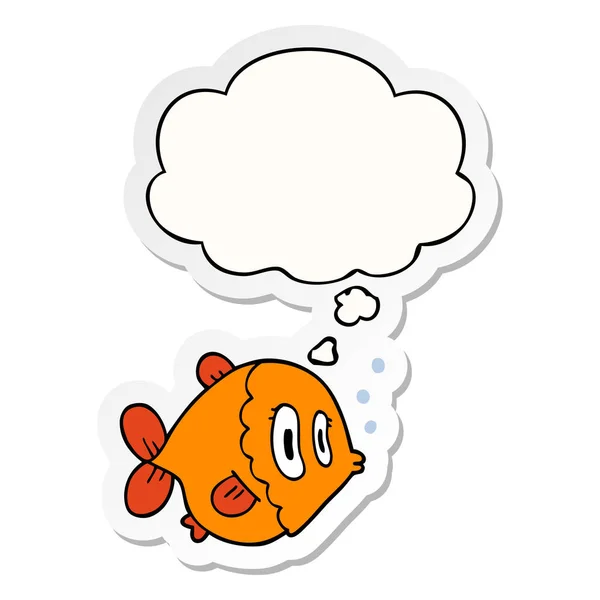 Kreslená ryba a myšlenková bublina jako tištěná nálepka — Stockový vektor