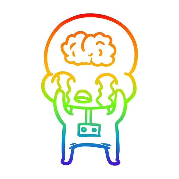 Rainbow gradient line drawing cartoon big brain alien crying — Stock Vector