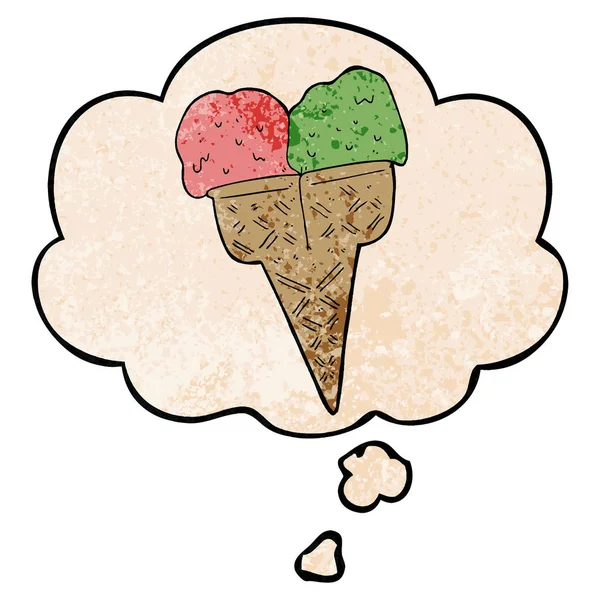 Kreslená zmrzlina a myšlenková bublina v grungeové struktuře s — Stockový vektor