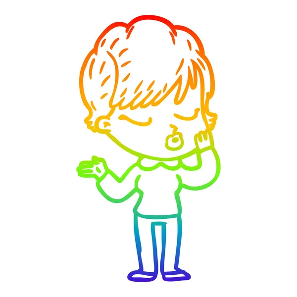 Rainbow Gradient Line Zeichnung Cartoon Frau mit geschlossenen Augen — Stockvektor