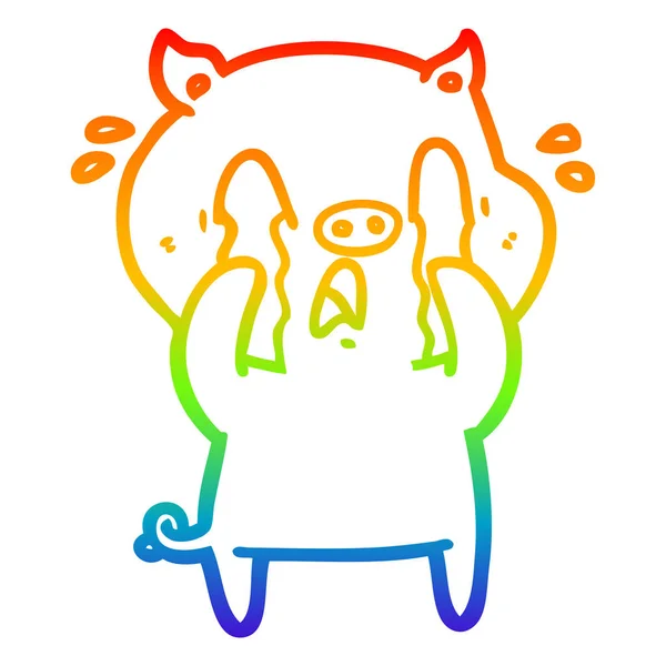 Rainbow gradient ligne dessin pleurer porc dessin animé — Image vectorielle
