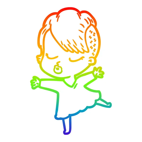 Rainbow gradient linje ritning tecknad ganska hipster flicka — Stock vektor