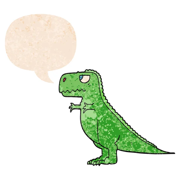 Dinossauro dos desenhos animados e bolha de fala em estilo retro texturizado — Vetor de Stock
