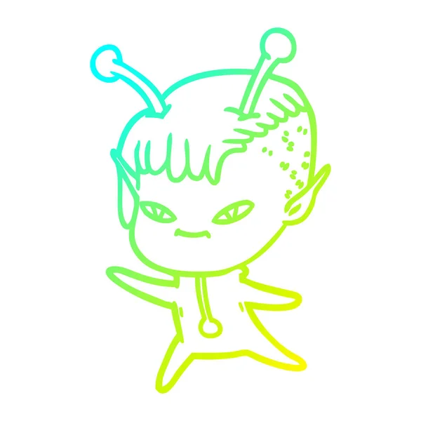Cold gradient line drawing cute cartoon alien girl — Stock Vector