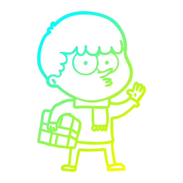 Kall gradient linje ritning tecknad nyfiken pojke bär en gåva — Stock vektor