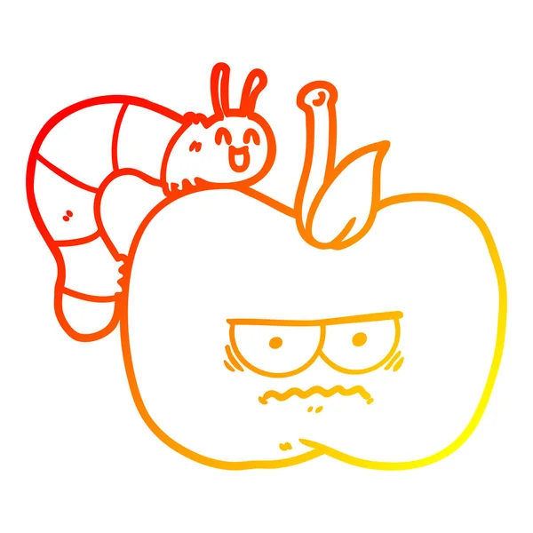 暖かいグラデーションライン描画漫画不機嫌なリンゴと毛虫 — ストックベクタ