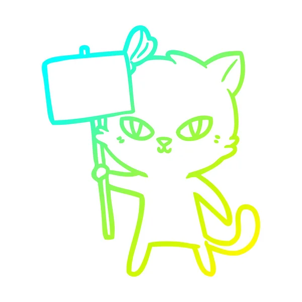 Kalte Gradientenlinie zeichnet niedliche Cartoon-Katze mit Protestschild — Stockvektor