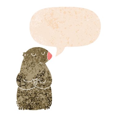 retro dokulu tarzda sevimli karikatür ayı ve konuşma balonu