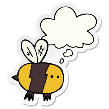 karikatür arı ve baskılı bir etiket olarak kabarcık düşünce