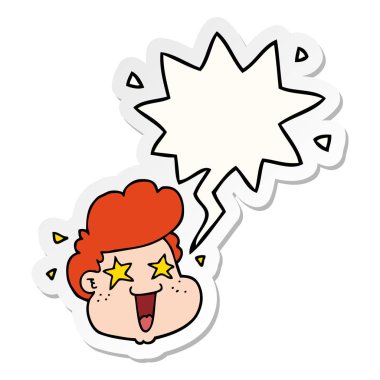 karikatür çocuk yüzü ve konuşma kabarcık etiket