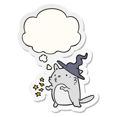karikatür kedi sihirbazı ve basılı bir etiket olarak kabarcık düşünce