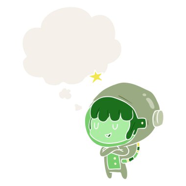 karikatür uzay kız ve retro tarzında kabarcık düşünce