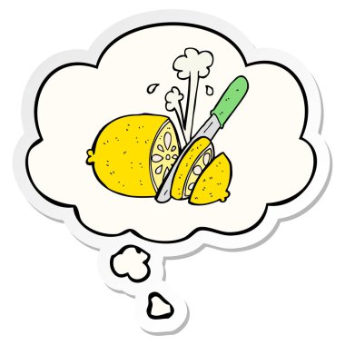 karikatür dilimlenmiş limon ve baskılı bir etiket olarak kabarcık düşünce