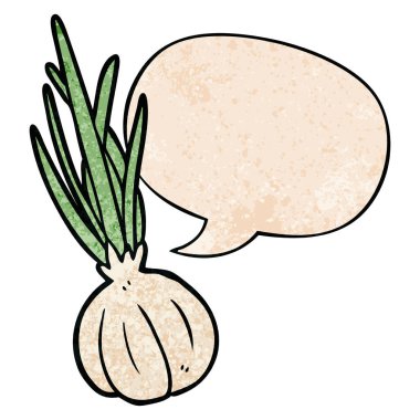 retro doku tarzıkarikatür sarımsak ampul ve konuşma balonu