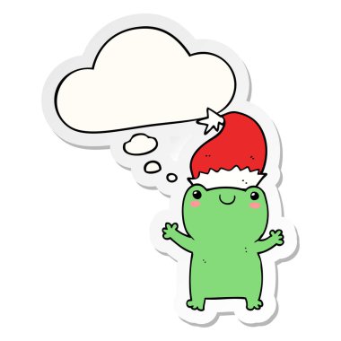 sevimli noel kurbağa ve baskılı bir etiket olarak kabarcık düşünce