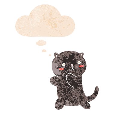 retro dokulu tarzında sevimli karikatür kedi ve düşünce balonu