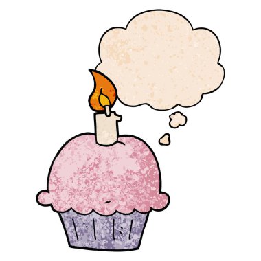 karikatür doğum günü cupcake ve grunge doku pa düşünce balonu
