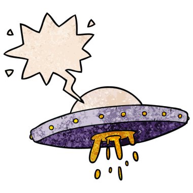 retro doku tarzında karikatür uçan Ufo ve konuşma balonu