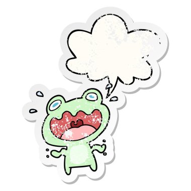 sevimli karikatür kurbağa korkmuş ve konuşma balonu sıkıntılı sticke