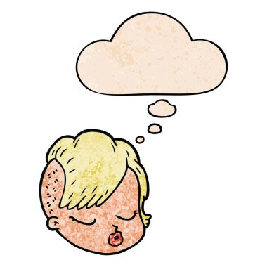 grunge doku deseni karikatür kadın yüz ve düşünce balonu