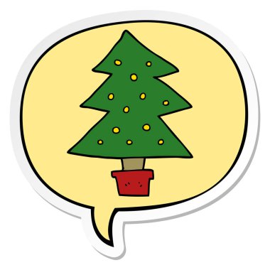 karikatür noel ağacı ve konuşma kabarcık etiket