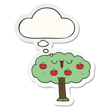karikatür elma ağacı ve baskılı bir etiket olarak kabarcık düşünce