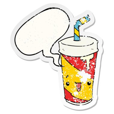 karikatür soda fincan ve konuşma balonu sıkıntılı etiket