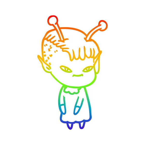 Rainbow gradient line drawing cute cartoon alien girl — Stock Vector