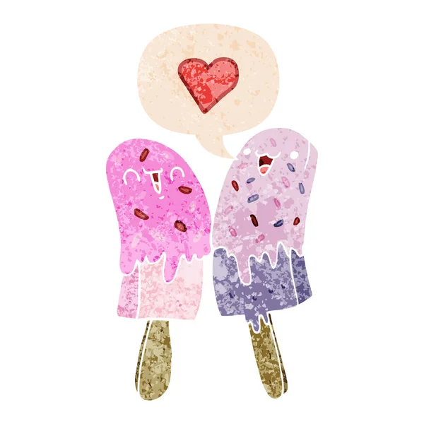 Cartoon Ice Lolly in Love und Sprechblase in retro texturierten st — Stockvektor