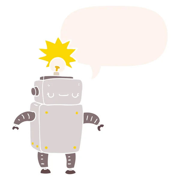 Robot de dibujos animados y burbuja del habla en estilo retro — Vector de stock