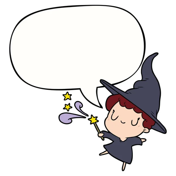 Cute cartoon witch casting spell and speech bubble — Stock Vector