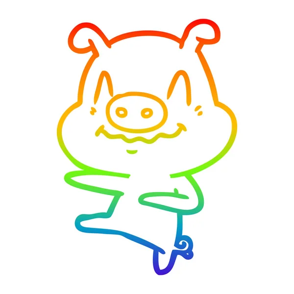 Regenboog kleurovergang lijntekening nerveuze cartoon varken dansen — Stockvector