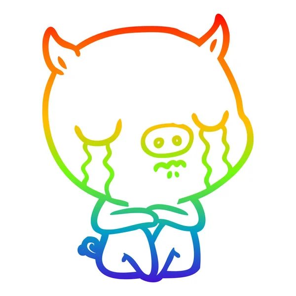Rainbow gradient ligne dessin dessin animé assis porc pleurer — Image vectorielle