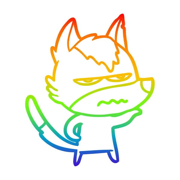 Rainbow gradient line drawing cartoon annoyed wolf — Stock Vector