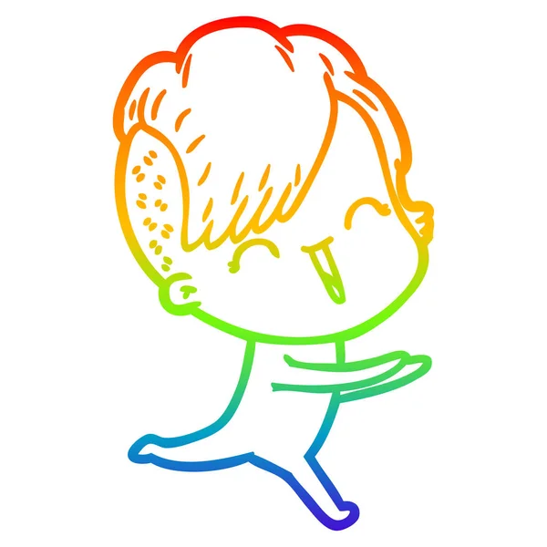 Regenboog gradiënt lijntekening cartoon gelukkig hipster meisje — Stockvector