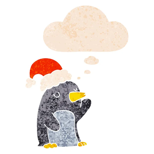 Carino pinguino di Natale cartone animato e bolla di pensiero in textu retrò — Vettoriale Stock