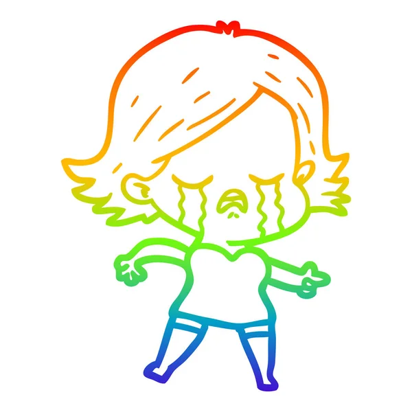 Rainbow gradient line drawing cartoon girl crying and pointing — Stock Vector