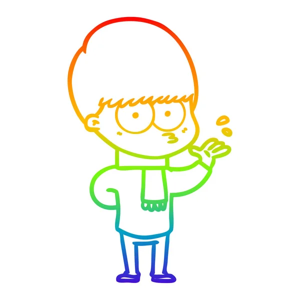 Rainbow gradient line drawing nervous cartoon boy — Stock Vector