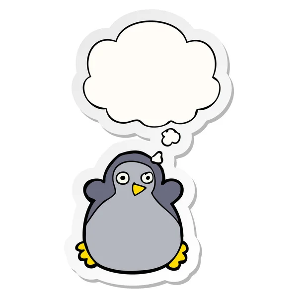 Pingüino de dibujos animados y burbuja de pensamiento como una pegatina impresa — Vector de stock