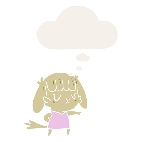 Desenho animado cão menina apontando e pensamento bolha no estilo retro —  Vetores de Stock