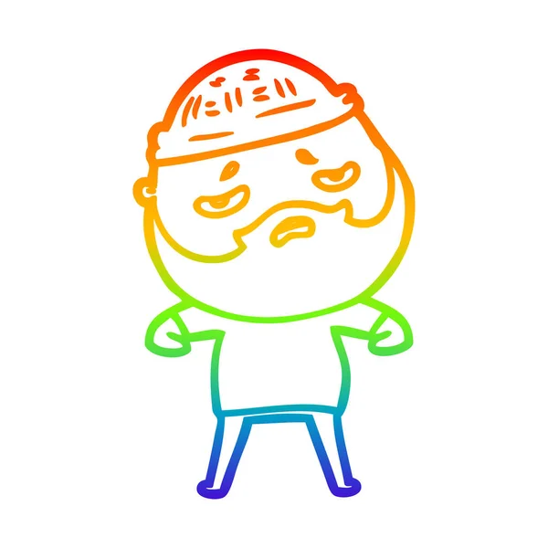 Linea gradiente arcobaleno disegno cartone animato preoccupato uomo con barba — Vettoriale Stock